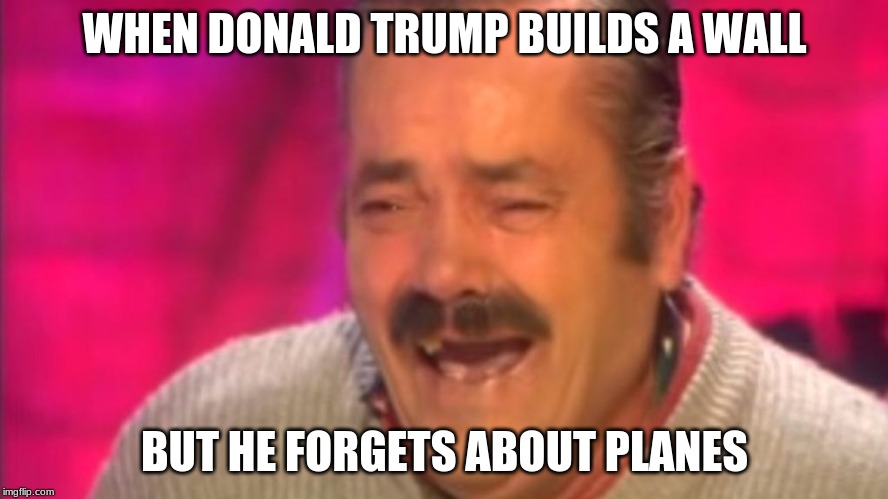 i mean its true | WHEN DONALD TRUMP BUILDS A WALL; BUT HE FORGETS ABOUT PLANES | image tagged in trump,wall,laughing man,planes,forgets,building | made w/ Imgflip meme maker