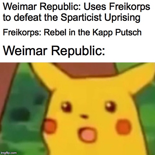 Surprised Pikachu | Weimar Republic: Uses Freikorps to defeat the Sparticist Uprising; Freikorps: Rebel in the Kapp Putsch; Weimar Republic: | image tagged in memes,surprised pikachu | made w/ Imgflip meme maker