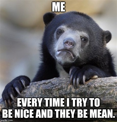 Confession Bear | ME; EVERY TIME I TRY TO BE NICE AND THEY BE MEAN. | image tagged in memes,confession bear | made w/ Imgflip meme maker