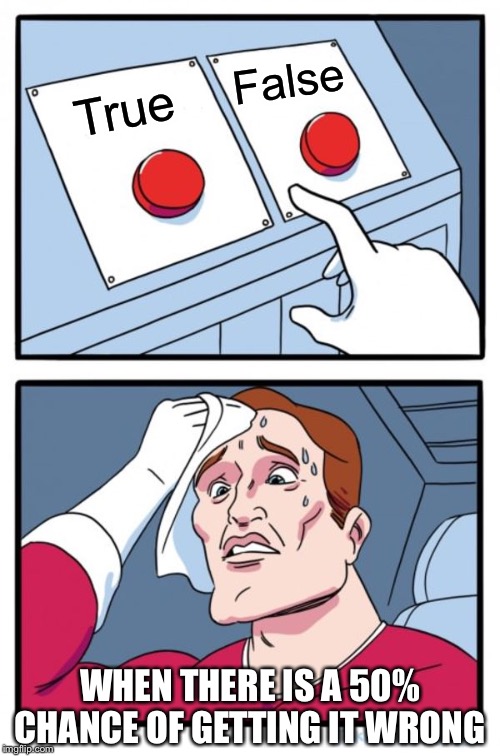 Two Buttons Meme | False; True; WHEN THERE IS A 50% CHANCE OF GETTING IT WRONG | image tagged in memes,two buttons | made w/ Imgflip meme maker