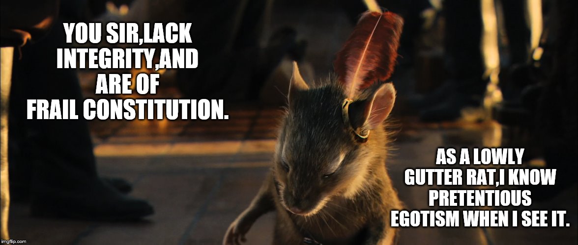 YOU SIR,LACK INTEGRITY,AND ARE OF FRAIL CONSTITUTION. AS A LOWLY GUTTER RAT,I KNOW PRETENTIOUS EGOTISM WHEN I SEE IT. | made w/ Imgflip meme maker