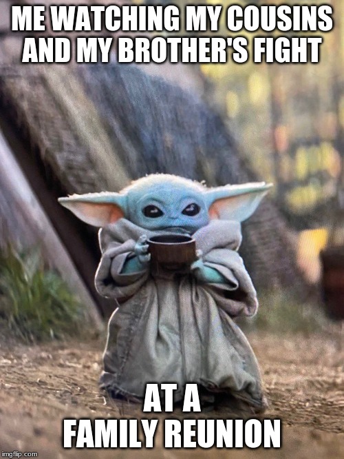 BABY YODA TEA | ME WATCHING MY COUSINS AND MY BROTHER'S FIGHT; AT A FAMILY REUNION | image tagged in baby yoda tea | made w/ Imgflip meme maker