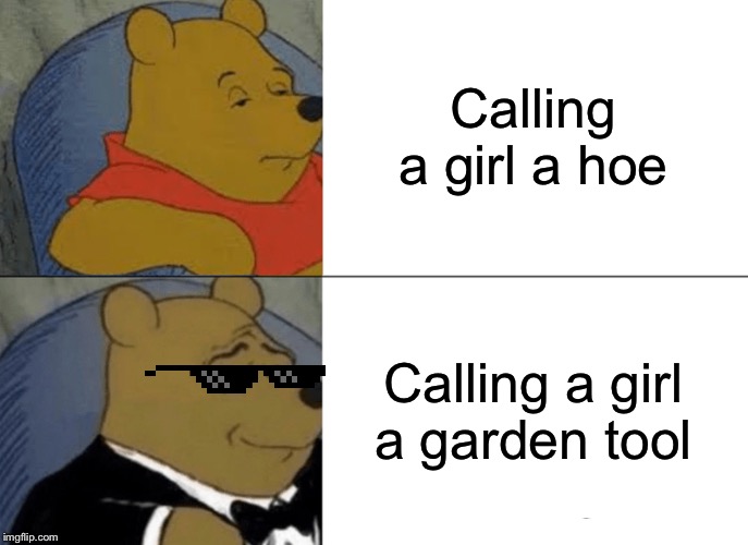 Tuxedo Winnie The Pooh Meme | Calling a girl a hoe; Calling a girl a garden tool | image tagged in memes,tuxedo winnie the pooh | made w/ Imgflip meme maker