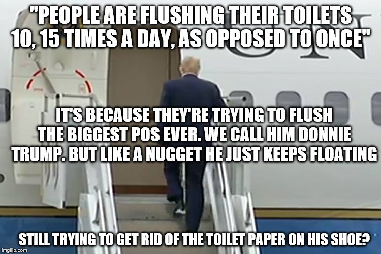 Trump AF1 | "PEOPLE ARE FLUSHING THEIR TOILETS 10, 15 TIMES A DAY, AS OPPOSED TO ONCE"; IT'S BECAUSE THEY'RE TRYING TO FLUSH THE BIGGEST POS EVER. WE CALL HIM DONNIE TRUMP. BUT LIKE A NUGGET HE JUST KEEPS FLOATING; STILL TRYING TO GET RID OF THE TOILET PAPER ON HIS SHOE? | image tagged in trump af1 | made w/ Imgflip meme maker