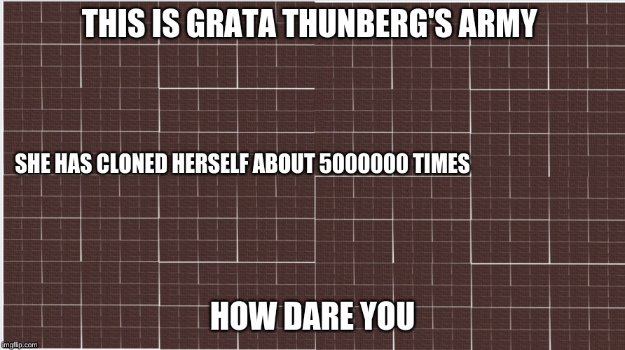 THIS IS GRATA THUNBERG'S ARMY; SHE HAS CLONED HERSELF ABOUT 5000000 TIMES; HOW DARE YOU | made w/ Imgflip meme maker