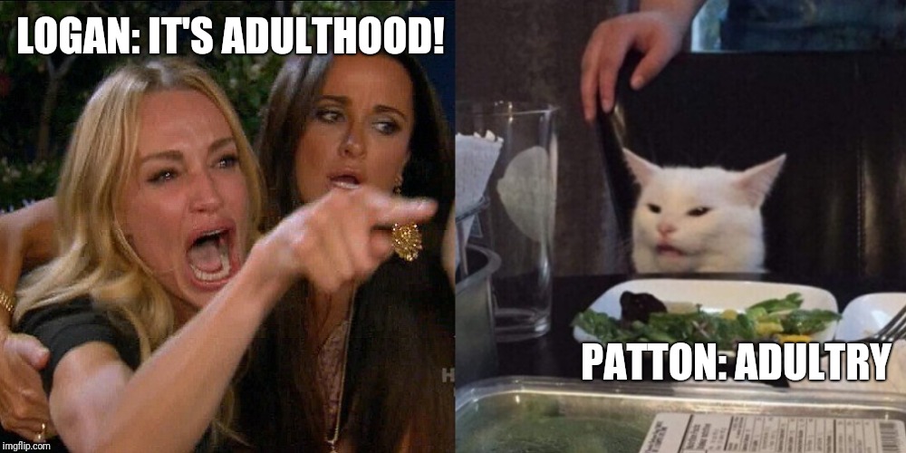 Woman yelling at cat | LOGAN: IT'S ADULTHOOD! PATTON: ADULTRY | image tagged in woman yelling at cat | made w/ Imgflip meme maker