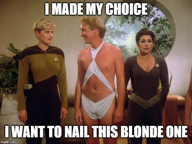 Horny Alien | I MADE MY CHOICE; I WANT TO NAIL THIS BLONDE ONE | image tagged in tasha yar edo man deanna troi | made w/ Imgflip meme maker