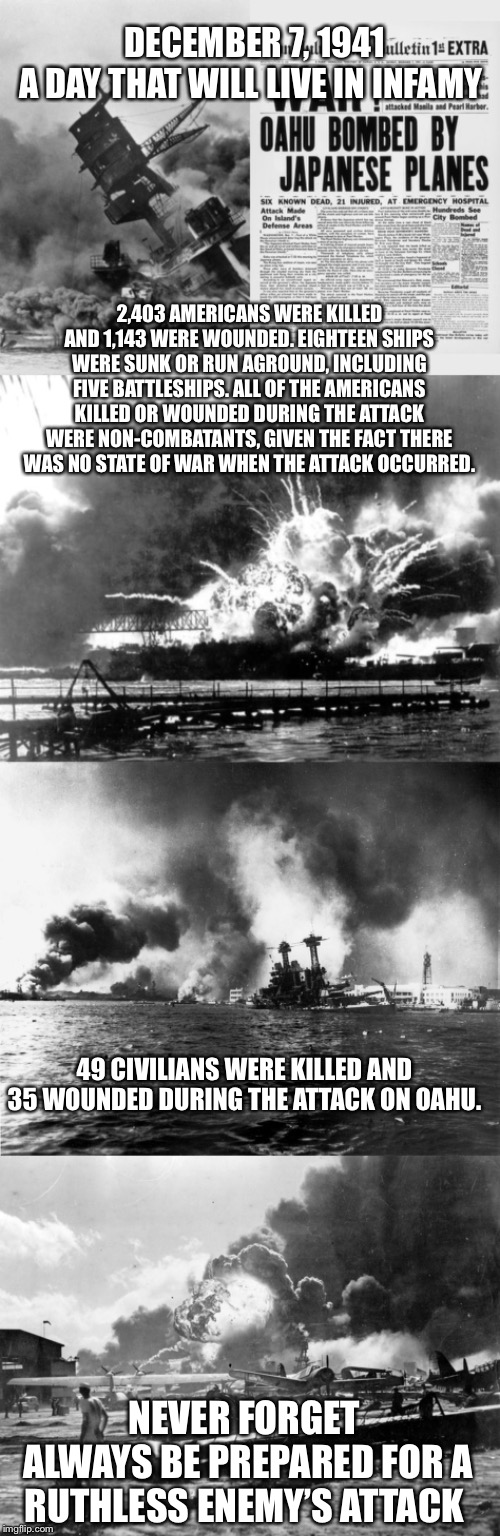December 7th Pearl Harbor Day | DECEMBER 7, 1941
A DAY THAT WILL LIVE IN INFAMY; 2,403 AMERICANS WERE KILLED AND 1,143 WERE WOUNDED. EIGHTEEN SHIPS WERE SUNK OR RUN AGROUND, INCLUDING FIVE BATTLESHIPS. ALL OF THE AMERICANS KILLED OR WOUNDED DURING THE ATTACK WERE NON-COMBATANTS, GIVEN THE FACT THERE WAS NO STATE OF WAR WHEN THE ATTACK OCCURRED. 49 CIVILIANS WERE KILLED AND 35 WOUNDED DURING THE ATTACK ON OAHU. NEVER FORGET 
ALWAYS BE PREPARED FOR A RUTHLESS ENEMY’S ATTACK | image tagged in memes,pearl harbor,ww2 | made w/ Imgflip meme maker