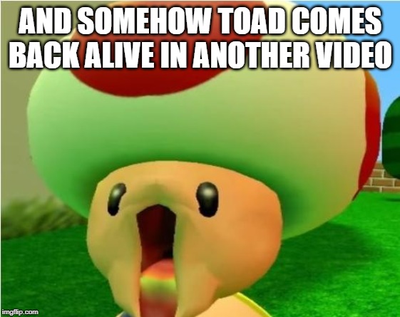excited toad | AND SOMEHOW TOAD COMES BACK ALIVE IN ANOTHER VIDEO | image tagged in excited toad | made w/ Imgflip meme maker