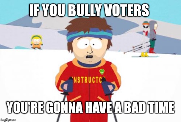 Super Cool Ski Instructor Meme | IF YOU BULLY VOTERS YOU’RE GONNA HAVE A BAD TIME | image tagged in memes,super cool ski instructor | made w/ Imgflip meme maker