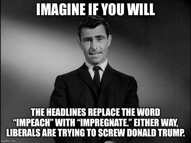 Impregnate the President | IMAGINE IF YOU WILL; THE HEADLINES REPLACE THE WORD “IMPEACH” WITH “IMPREGNATE.” EITHER WAY, LIBERALS ARE TRYING TO SCREW DONALD TRUMP. | image tagged in rod serling twilight zone,memes,pregnant,impeach,words,donald trump | made w/ Imgflip meme maker