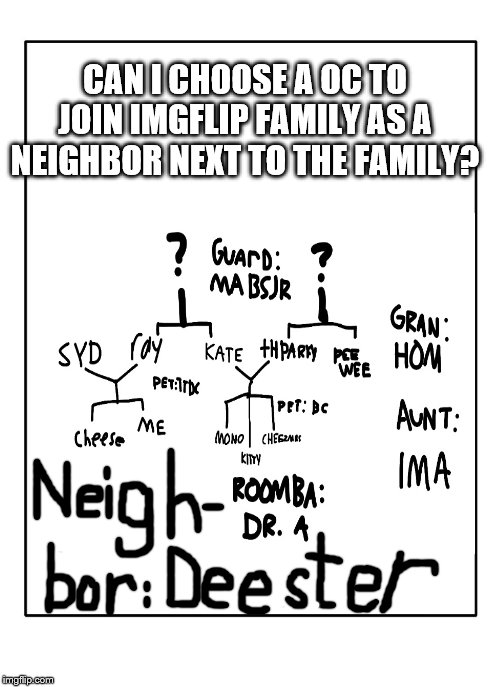 Can I be a neighbor next door to the family? | CAN I CHOOSE A OC TO JOIN IMGFLIP FAMILY AS A NEIGHBOR NEXT TO THE FAMILY? | image tagged in blank template | made w/ Imgflip meme maker
