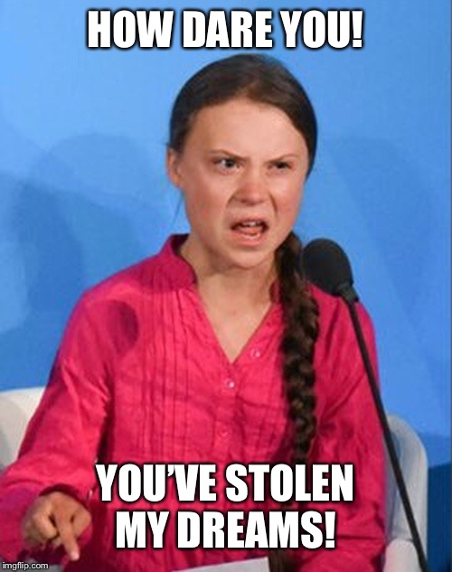 Greta Thunberg how dare you | HOW DARE YOU! YOU’VE STOLEN MY DREAMS! | image tagged in greta thunberg how dare you | made w/ Imgflip meme maker