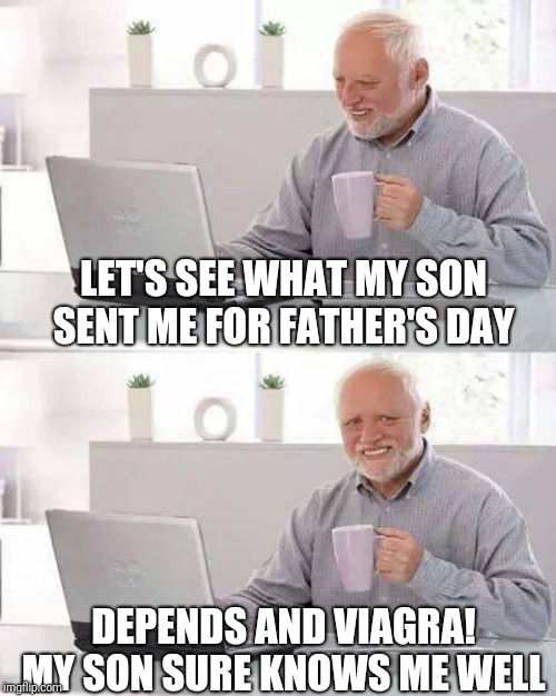 Hide the Pain Harold | LET'S SEE WHAT MY SON SENT ME FOR FATHER'S DAY; DEPENDS AND VIAGRA! MY SON SURE KNOWS ME WELL | image tagged in memes,hide the pain harold | made w/ Imgflip meme maker