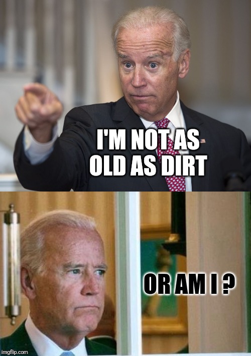 Joe says he has been around a long time, but not as long as Bernie | I'M NOT AS OLD AS DIRT; OR AM I ? | image tagged in biden pointing,sad joe biden | made w/ Imgflip meme maker