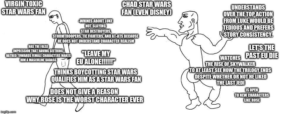 Virgin vs Chad | VIRGIN TOXIC STAR WARS FAN; CHAD STAR WARS FAN (EVEN DISNEY); UNDERSTANDS OVER THE TOP ACTION FROM LUKE WOULD BE TEDIOUS AND PREFERS STORY CONSISTENCY. -WHINES ABOUT LUKE 
NOT SLAYING 
STAR DESTROYERS,
STORMTROOPERS, TIE FIGHTERS, AND AT-ATS BECAUSE 
HE DOES NOT UNDERSTAND CHARACTER REALISM; HAS THE FALSE
IMPRESSION THAT HAVING SEETHING 
HATRED TOWARDS FEMALE CHARACTERS MAKES
HIM A MASCULINE BADASS; LET'S THE PAST EU DIE; "LEAVE MY EU ALONE!!!!!!"; WATCHES 
THE RISE OF SKYWALKER 
TO AT LEAST SEE HOW THE TRILOGY ENDS 
DESPITE WHETHER OR NOT HE LIKED
THE LAST JEDI; THINKS BOYCOTTING STAR WARS 
QUALIFIES HIM AS A STAR WARS FAN; IS OPEN TO NEW CHARACTERS LIKE ROSE; DOES NOT GIVE A REASON 
WHY ROSE IS THE WORST CHARACTER EVER | image tagged in virgin vs chad | made w/ Imgflip meme maker