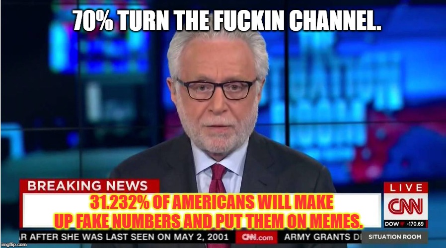 CNN "Wolf of Fake News" Fanfiction | 31.232% OF AMERICANS WILL MAKE UP FAKE NUMBERS AND PUT THEM ON MEMES. 70% TURN THE F**KIN CHANNEL. | image tagged in cnn wolf of fake news fanfiction | made w/ Imgflip meme maker