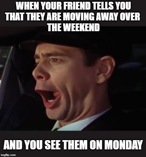 WHEN YOUR FRIEND TELLS YOU
THAT THEY ARE MOVING AWAY OVER 
THE WEEKEND; AND YOU SEE THEM ON MONDAY | image tagged in jim carrey | made w/ Imgflip meme maker