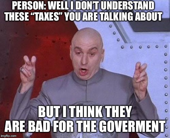 Dr Evil Laser | PERSON: WELL I DON’T UNDERSTAND THESE “TAXES” YOU ARE TALKING ABOUT; BUT I THINK THEY ARE BAD FOR THE GOVERMENT | image tagged in memes,dr evil laser | made w/ Imgflip meme maker