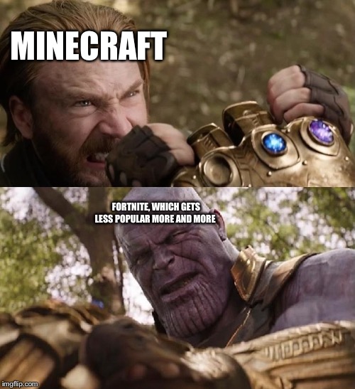 Avengers Infinity War Cap vs Thanos | MINECRAFT; FORTNITE, WHICH GETS LESS POPULAR MORE AND MORE | image tagged in avengers infinity war cap vs thanos | made w/ Imgflip meme maker