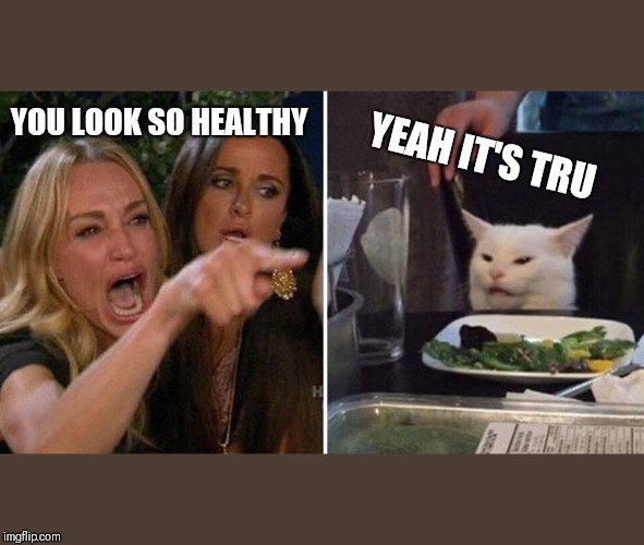 Woman yelling at white cat | YEAH IT'S TRU; YOU LOOK SO HEALTHY | image tagged in woman yelling at white cat | made w/ Imgflip meme maker