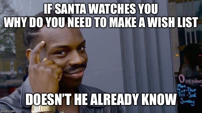 Roll Safe Think About It | IF SANTA WATCHES YOU
WHY DO YOU NEED TO MAKE A WISH LIST; DOESN’T HE ALREADY KNOW | image tagged in memes,roll safe think about it | made w/ Imgflip meme maker