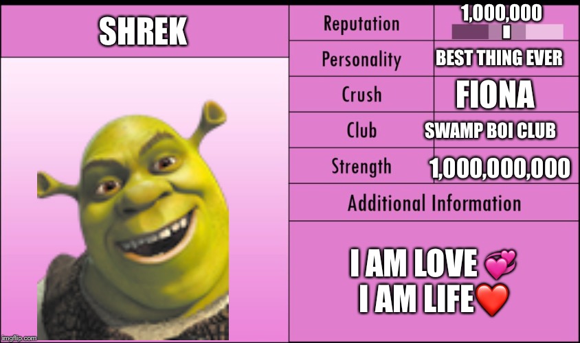 Yandere Simulator Student Info | 1,000,000; SHREK; BEST THING EVER; FIONA; SWAMP BOI CLUB; 1,000,000,000; I AM LOVE 💞
I AM LIFE❤️ | image tagged in yandere simulator student info | made w/ Imgflip meme maker