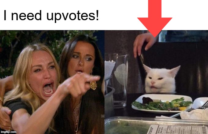 Not a good idea | I need upvotes! | image tagged in memes,woman yelling at cat,funny,upvotes,begging for upvotes,upvote begging | made w/ Imgflip meme maker