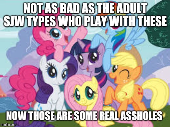 My Little Pony | NOT AS BAD AS THE ADULT SJW TYPES WHO PLAY WITH THESE NOW THOSE ARE SOME REAL ASSHOLES | image tagged in my little pony | made w/ Imgflip meme maker