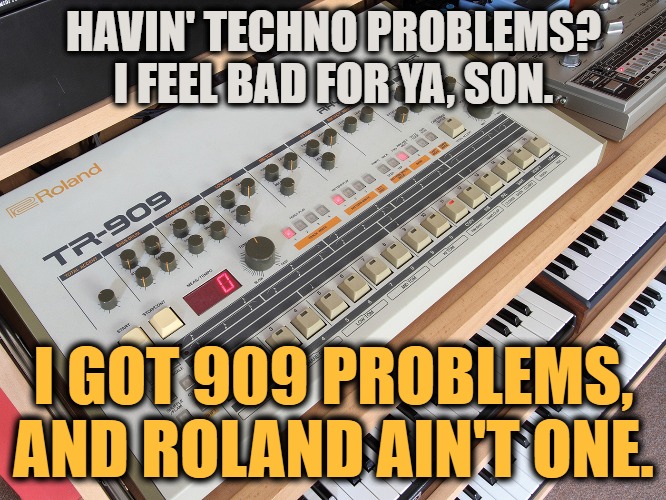 Get it?... The TR-909?... X'D | HAVIN' TECHNO PROBLEMS? I FEEL BAD FOR YA, SON. I GOT 909 PROBLEMS, AND ROLAND AIN'T ONE. | image tagged in roland,tr-909,drum machines,music,meme,techno | made w/ Imgflip meme maker