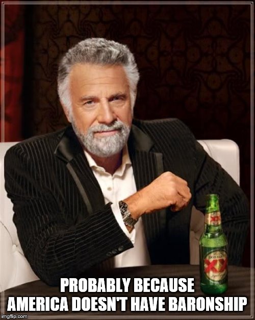 The Most Interesting Man In The World Meme | PROBABLY BECAUSE AMERICA DOESN'T HAVE BARONSHIP | image tagged in memes,the most interesting man in the world | made w/ Imgflip meme maker