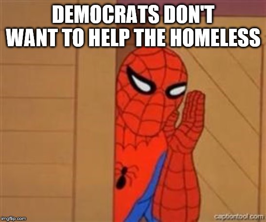 psst spiderman | DEMOCRATS DON'T WANT TO HELP THE HOMELESS | image tagged in psst spiderman | made w/ Imgflip meme maker