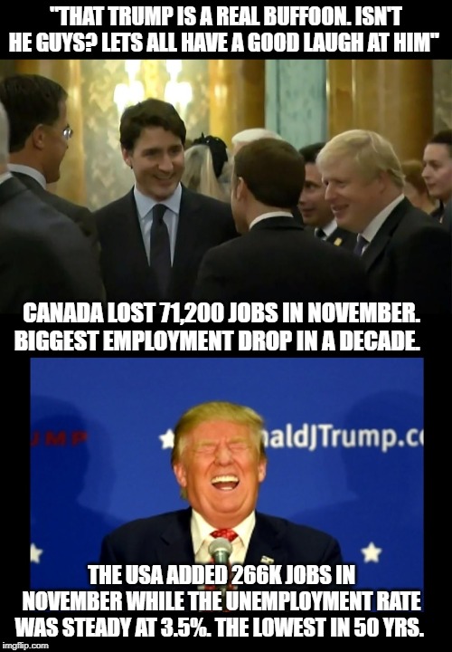 World "Leaders" Laughing at Trump While Their Policies Fail and His Succeed. | "THAT TRUMP IS A REAL BUFFOON. ISN'T HE GUYS? LETS ALL HAVE A GOOD LAUGH AT HIM"; CANADA LOST 71,200 JOBS IN NOVEMBER. BIGGEST EMPLOYMENT DROP IN A DECADE. THE USA ADDED 266K JOBS IN NOVEMBER WHILE THE UNEMPLOYMENT RATE WAS STEADY AT 3.5%. THE LOWEST IN 50 YRS. | image tagged in maga,trump,politics,democrats,republicans,2020 presidential election | made w/ Imgflip meme maker