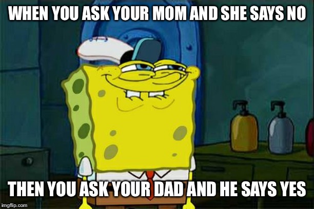 Don't You Squidward | WHEN YOU ASK YOUR MOM AND SHE SAYS NO; THEN YOU ASK YOUR DAD AND HE SAYS YES | image tagged in memes,dont you squidward | made w/ Imgflip meme maker