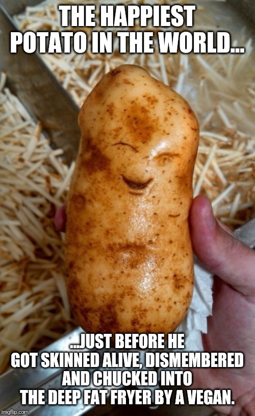 Happy Potato | THE HAPPIEST POTATO IN THE WORLD... ...JUST BEFORE HE GOT SKINNED ALIVE, DISMEMBERED AND CHUCKED INTO THE DEEP FAT FRYER BY A VEGAN. | image tagged in vegans,vegetables | made w/ Imgflip meme maker