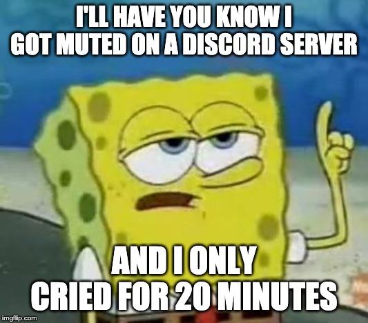 I'll Have You Know Spongebob Meme | I'LL HAVE YOU KNOW I GOT MUTED ON A DISCORD SERVER; AND I ONLY CRIED FOR 20 MINUTES | image tagged in memes,ill have you know spongebob | made w/ Imgflip meme maker