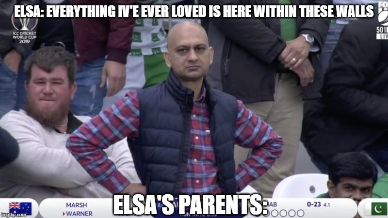 Pakistani Cricket Fan | ELSA: EVERYTHING IV'E EVER LOVED IS HERE WITHIN THESE WALLS; ELSA'S PARENTS: | image tagged in pakistani cricket fan,memes,elsa frozen,into the unknown | made w/ Imgflip meme maker