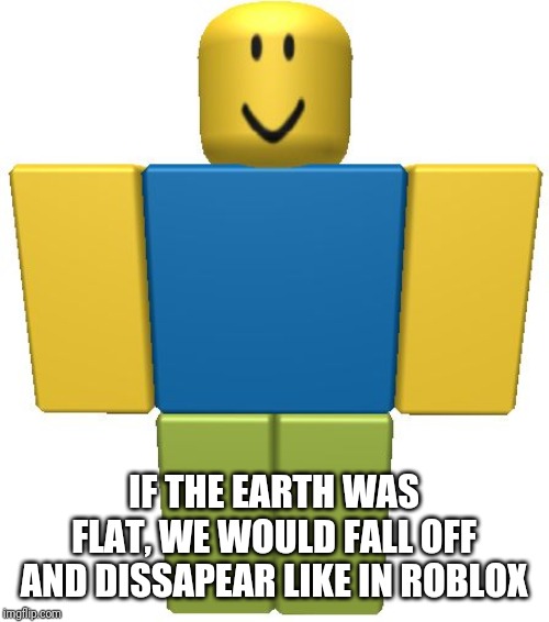 ROBLOX Noob | IF THE EARTH WAS FLAT, WE WOULD FALL OFF AND DISSAPEAR LIKE IN ROBLOX | image tagged in roblox noob | made w/ Imgflip meme maker