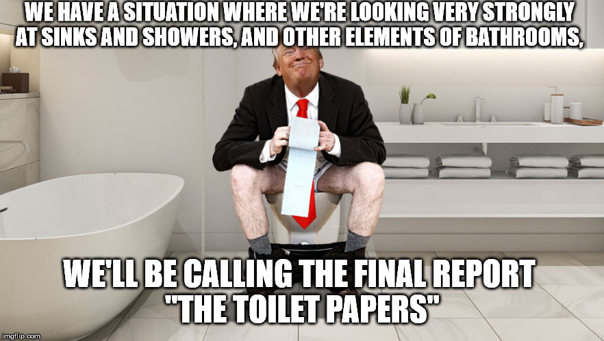 Trump Toilet | WE HAVE A SITUATION WHERE WE'RE LOOKING VERY STRONGLY AT SINKS AND SHOWERS, AND OTHER ELEMENTS OF BATHROOMS, WE'LL BE CALLING THE FINAL REPORT 
"THE TOILET PAPERS" | image tagged in trump toilet | made w/ Imgflip meme maker