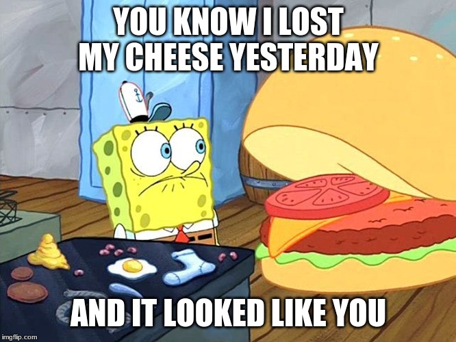 sponge bob talking to krabby patty | YOU KNOW I LOST MY CHEESE YESTERDAY; AND IT LOOKED LIKE YOU | image tagged in sponge bob talking to krabby patty | made w/ Imgflip meme maker
