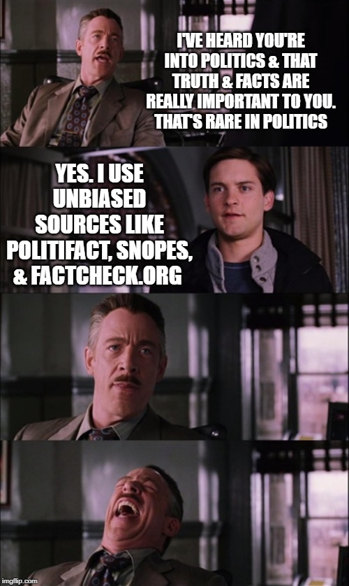 Finding Objective Truth & Facts In A World Of People Looking To Confirm Their Own Bias Can be Hard | I'VE HEARD YOU'RE INTO POLITICS & THAT TRUTH & FACTS ARE REALLY IMPORTANT TO YOU. THAT'S RARE IN POLITICS; YES. I USE UNBIASED SOURCES LIKE POLITIFACT, SNOPES, & FACTCHECK.ORG | image tagged in factcheck,politifact,snopes,fact checkers,politics,democrat | made w/ Imgflip meme maker