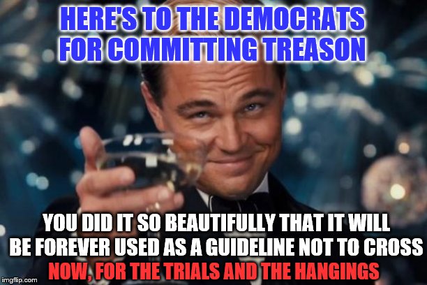 When You Commit Treason So Well! | HERE'S TO THE DEMOCRATS FOR COMMITTING TREASON; YOU DID IT SO BEAUTIFULLY THAT IT WILL BE FOREVER USED AS A GUIDELINE NOT TO CROSS; NOW, FOR THE TRIALS AND THE HANGINGS | image tagged in memes,leonardo dicaprio cheers | made w/ Imgflip meme maker