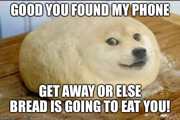 dough doge | GOOD YOU FOUND MY PHONE; GET AWAY OR ELSE BREAD IS GOING TO EAT YOU! | image tagged in dough doge | made w/ Imgflip meme maker