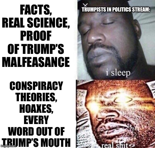 Trump’s word has become gospel to them. | TRUMPISTS IN POLITICS STREAM:; FACTS, REAL SCIENCE, PROOF OF TRUMP’S MALFEASANCE; CONSPIRACY THEORIES, HOAXES, EVERY WORD OUT OF TRUMP’S MOUTH | image tagged in i sleep real shit,donald trump,trump,politics,right wing,conspiracy theories | made w/ Imgflip meme maker