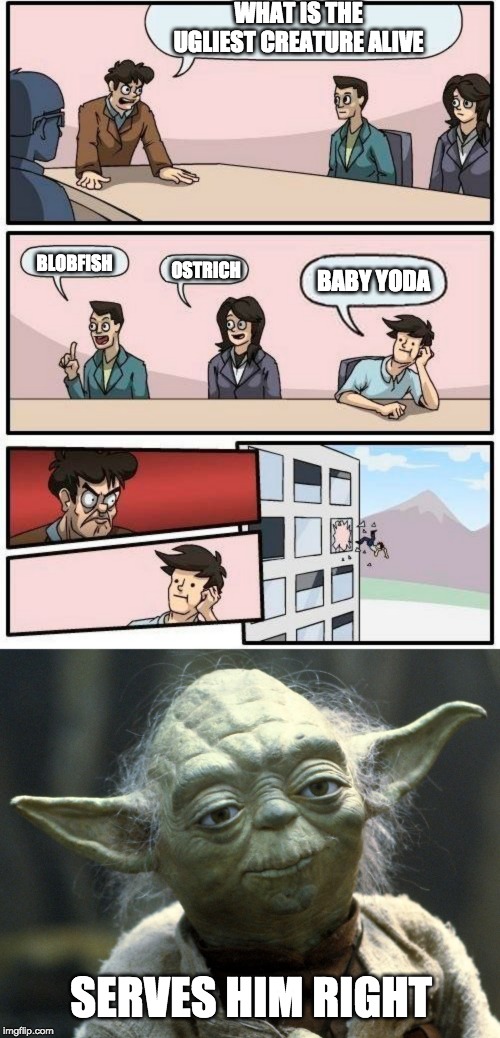 Comment what you think the ugliest creature is.. | WHAT IS THE UGLIEST CREATURE ALIVE; BABY YODA; BLOBFISH; OSTRICH; SERVES HIM RIGHT | image tagged in memes,boardroom meeting suggestion,baby yoda,star wars yoda,funny | made w/ Imgflip meme maker
