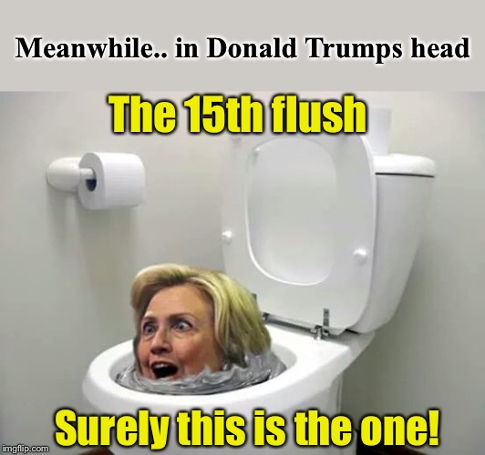 Would more likely be Obama there I suppose, but I just stumbled across this template. | Meanwhile.. in Donald Trumps head; The 15th flush; Surely this is the one! | image tagged in flush hillary,donald trump,drain the swamp trump,or is it,bog of eternal stench,self made | made w/ Imgflip meme maker