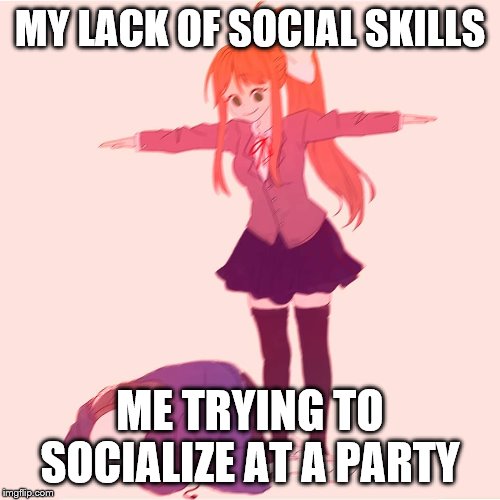 Monika t-posing on Sans | MY LACK OF SOCIAL SKILLS; ME TRYING TO SOCIALIZE AT A PARTY | image tagged in monika t-posing on sans | made w/ Imgflip meme maker