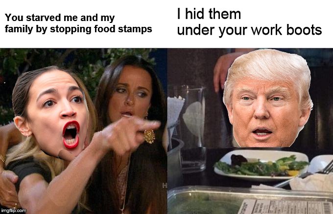 AOC yelling at Trump |  I hid them under your work boots; You starved me and my family by stopping food stamps | image tagged in memes,woman yelling at cat,aoc,food stamps,donald trump,aoc stumped | made w/ Imgflip meme maker
