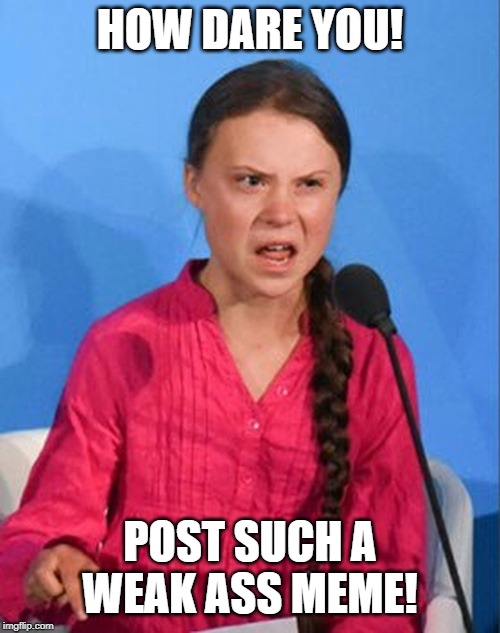 Meme Better Dammit! | HOW DARE YOU! POST SUCH A WEAK ASS MEME! | image tagged in greta thunberg how dare you,meme,weak,greta | made w/ Imgflip meme maker