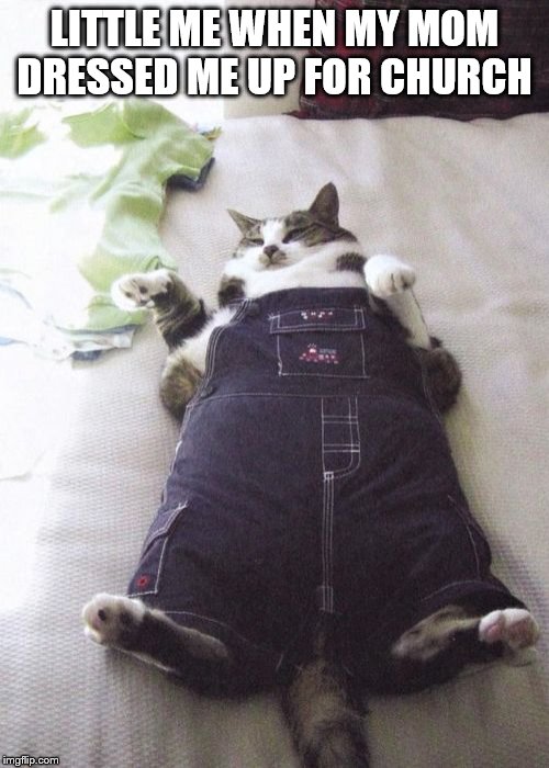 Fat Cat Meme | LITTLE ME WHEN MY MOM DRESSED ME UP FOR CHURCH | image tagged in memes,fat cat | made w/ Imgflip meme maker